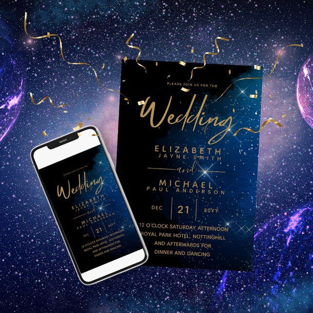 Premium Starry Night Navy Gold Wedding Celestial Invitation (Creator Uploaded)