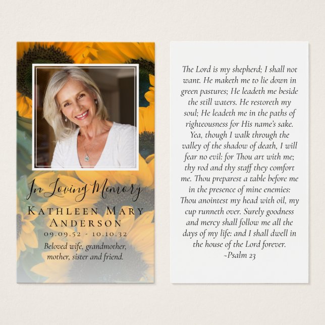 Premium Sunflower Photo Memorial Prayer Card (Front & Back)