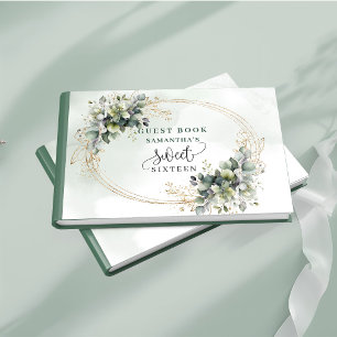 Premium Sweet 16 watercolor green gold greenery  Guest Book