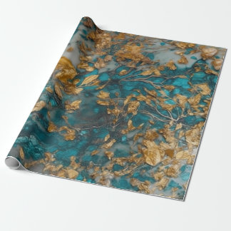 Premium Teal and Gold Acrylic Pour Seamless Wrapping Paper