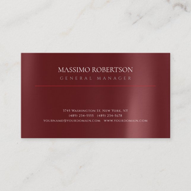 Premium Thick Dark Red Minimalist Plain Modern Business Card (Front)