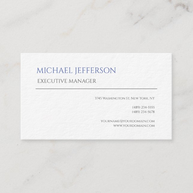 Premium Thick Modern Elegant Simple Blue White Business Card (Front)