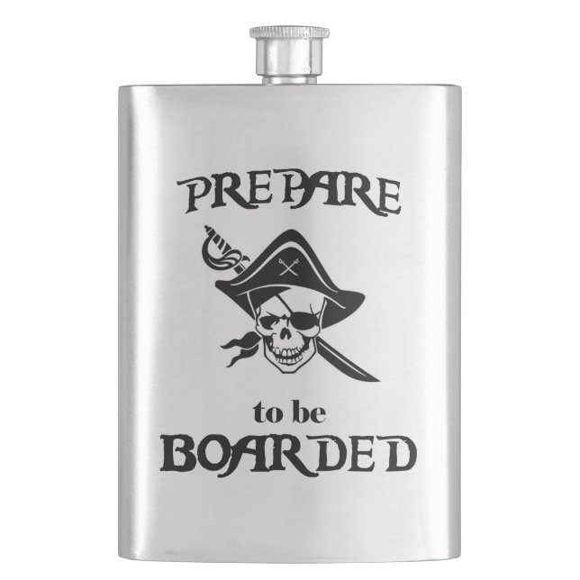 Prepare to be Boarded Black Pirate Skull Hip Flask (Front)