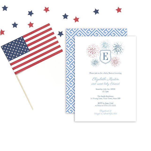 Preppy 4th July Monogram Boy Baby Shower Party Invitation (Creator Uploaded)