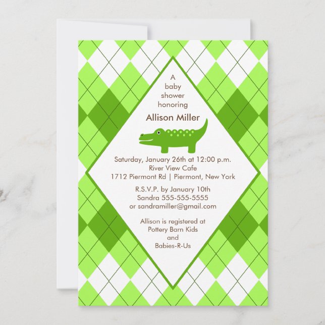 Preppy Alligator Baby Shower Invitation Green (Front)