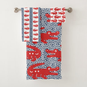 Preppy Alligator Greek Key- Red & Navy Bath Towel Set