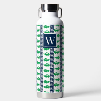 Preppy Alligator Greek Key Stripe – Green & Navy Water Bottle