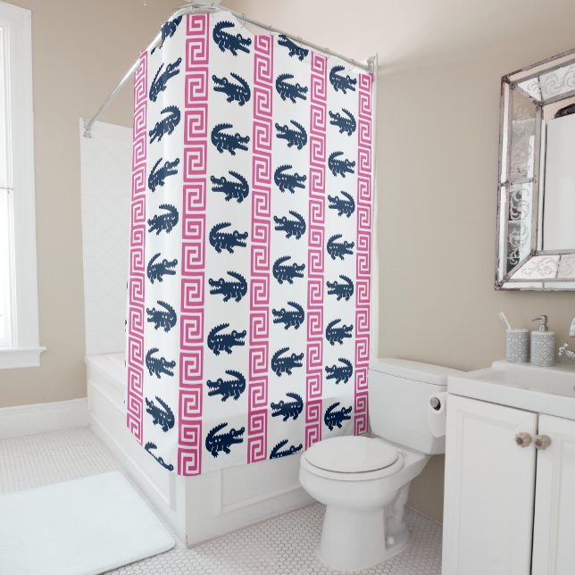 Preppy Alligator Greek Key Stripe Hot Pink Navy   Shower Curtain (In Situ)