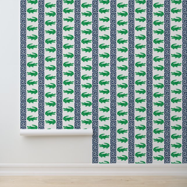 Preppy Alligator Greek Key Stripe - Navy & Green Wallpaper (Application)