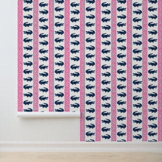 Preppy Alligator Greek Key Stripe Navy & Hot Pink Wallpaper