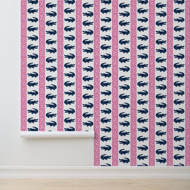 Preppy Alligator Greek Key Stripe  Navy & Hot Pink Wallpaper (Application)