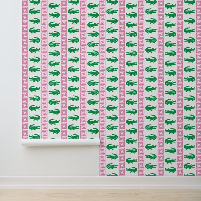 Preppy Alligator Greek Key Stripe – Pink & Green   Wallpaper (Application)
