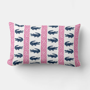 Preppy Alligator Greek Key Stripe – Pink & Navy   Lumbar Cushion
