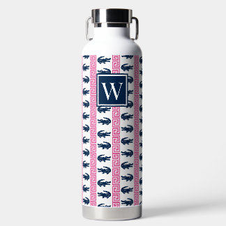 Preppy Alligator Greek Key Stripe – Pink & Navy Water Bottle