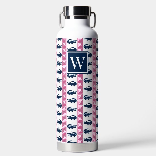 Preppy Alligator Greek Key Stripe – Pink & Navy   Water Bottle (Front)