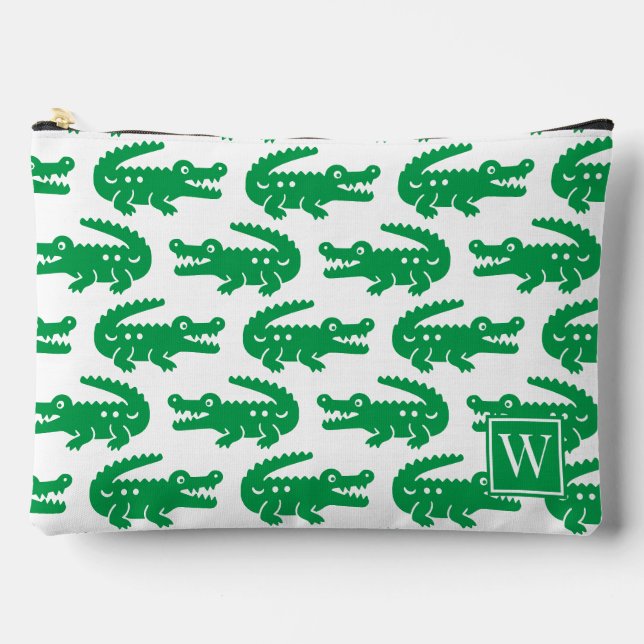 Preppy Alligator - Green & White Monogram Accessory Pouch (Front)