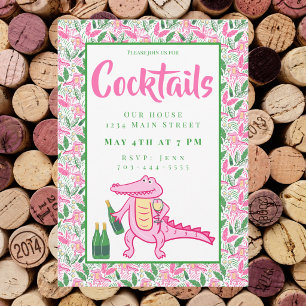 Preppy Alligator Wine Pink & Green Cocktail Party Invitation