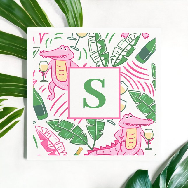 Preppy Alligator Wine Pink Green Monogram Napkin (Creator Uploaded)