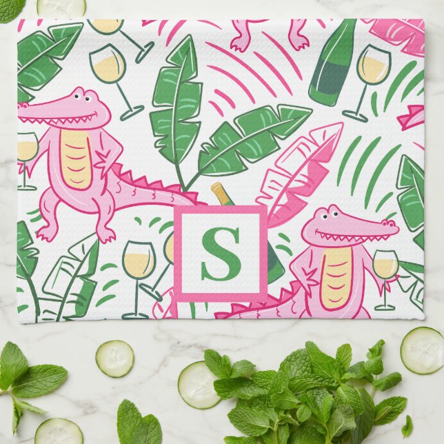 Preppy Alligator Wine Pink Green Monogram Tea Towel (Folded)
