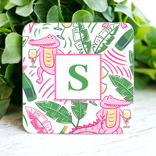 Preppy Alligator Wine Pink Green Monogram White Coaster