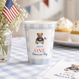 Preppy American Teddy Bear Blue Gingham Boy First Paper Cups
