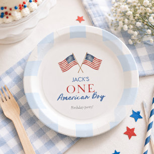 Preppy American Teddy Bear Blue Gingham Boy First  Paper Plate
