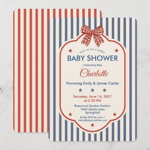 Preppy Americana Baby Shower Blue Stripe Gingham Invitation