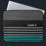 Preppy and Fresh Teal Stripes With Name Laptop Sleeve<br><div class="desc">A preppy mens fashion 15 inch laptop sleeve with fresh teal and black stripes on the bottom and a trendy black and grey striped pattern on the rest of the case. Personalise by adding your name to this modern contemporary style mobile device sleeve.</div>