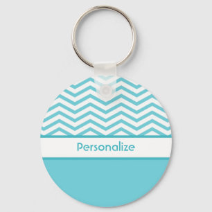 Preppy Aqua Blue and White Chevrons With Name Key Ring