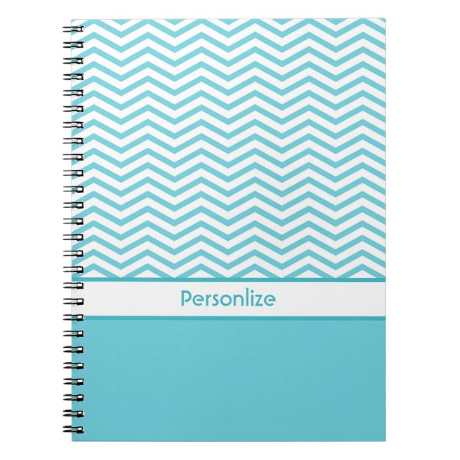 Preppy Aqua Blue and White Chevrons With Name Spiral Notebook (Front)