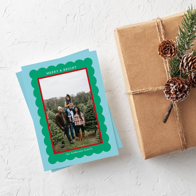 Preppy Aqua Green Red Simple Scallop Photo Frame Holiday Card (Creator Uploaded)