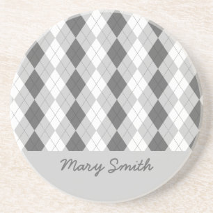 Preppy Argyle Custom Name Grey Pattern Coaster