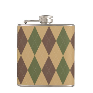 Preppy Argyle Khaki Army Green Brown Personalised Hip Flask