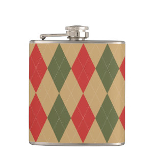 Preppy Argyle Khaki Army Green Red Personalised Hip Flask