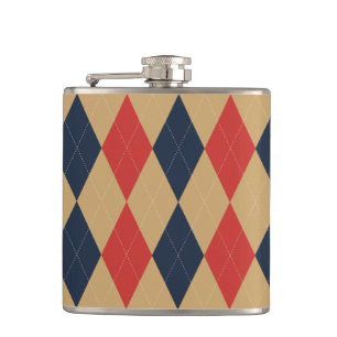 Preppy Argyle Khaki Navy Red Personalised Hip Flask