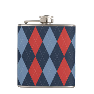 Preppy Argyle Navy Red Smoke Blue Personalised Hip Flask