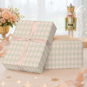 Preppy Argyle Peach Mint Christmas Holiday Wrapping Paper