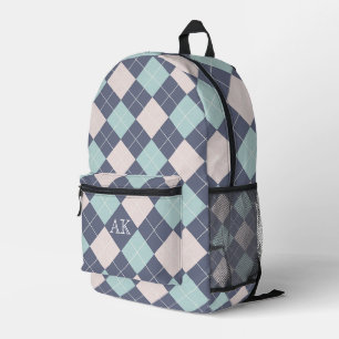 Preppy Argyle Plaid Pink Turquoise and Denim Blue Printed Backpack
