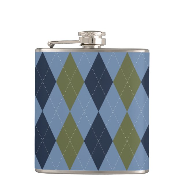 Preppy Argyle Smoke Blue Green Navy Personalised  Hip Flask (Front)
