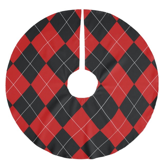 Preppy Argyle Tartan Diamond Plaid Red Black Brushed Polyester Tree Skirt (Front)