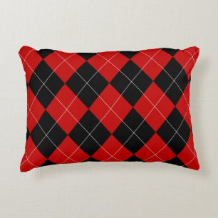 Preppy Argyle Tartan Diamond Plaid Red Black Decorative Cushion