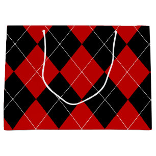 Preppy Argyle Tartan Diamond Plaid Red Black Large Gift Bag