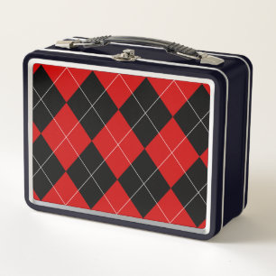 Preppy Argyle Tartan Diamond Plaid Red Black Metal Lunch Box