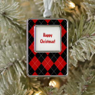 Preppy Argyle Tartan Diamond Plaid Red Black Silver Plated Framed Ornament