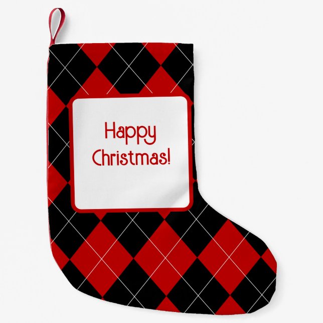 Preppy Argyle Tartan Diamond Plaid Red Black Small Christmas Stocking (Front)