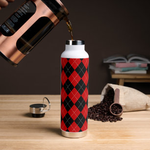 Preppy Argyle Tartan Diamond Plaid Red Black Water Bottle