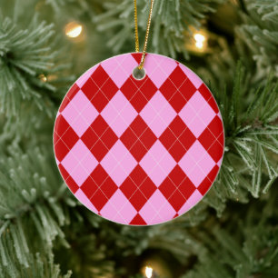 Preppy Argyle Tartan Diamond Plaid Red Pink Ceramic Tree Decoration