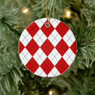 Preppy Argyle Tartan Diamond Plaid Red White Ceramic Tree Decoration