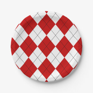 Preppy Argyle Tartan Diamond Plaid Red White Paper Plate