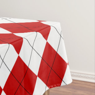 Preppy Argyle Tartan Diamond Plaid Red White Tablecloth
